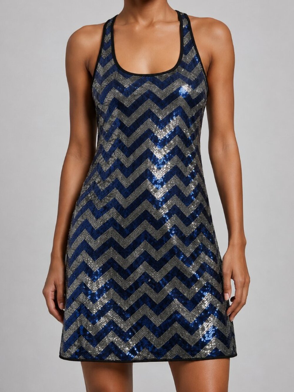 Jay Godfrey Y2K Sequin Chevron Racerback Mini Dress Blue Silver 2
